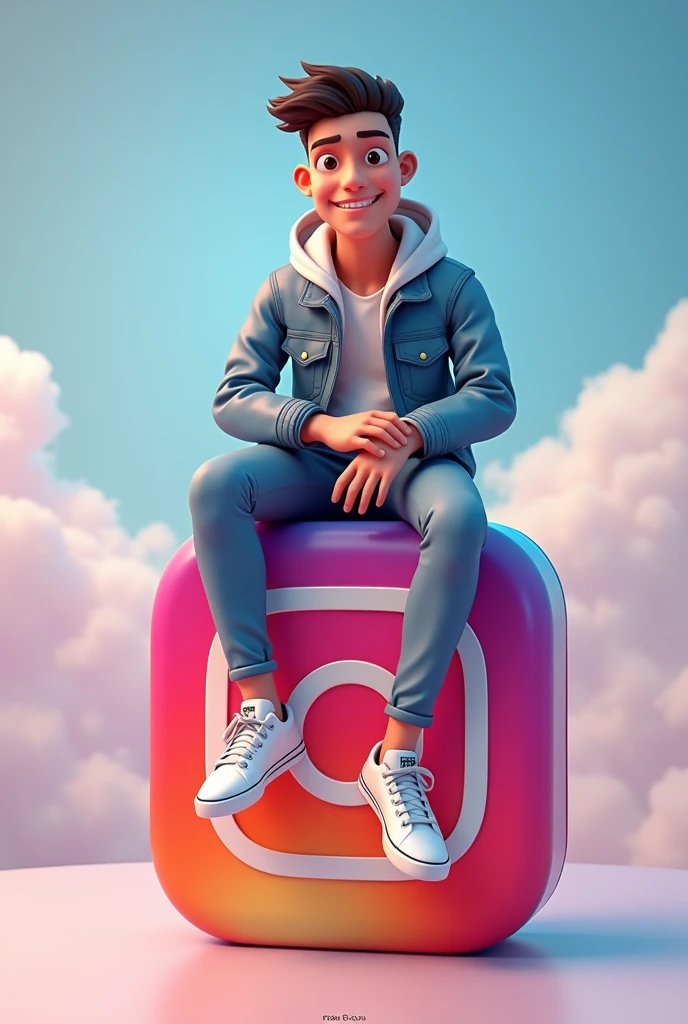 Create a 3D illustration of an animated character sitting casually on top of a social media logo "Instagram". The character must wear casual modern clothing such as jeans jacket and sneakers shoes and remember the age of character is more than 16-18.The background of the image is a social media profile page with a user name "Neeraj chourasiya" and a profile picture that match