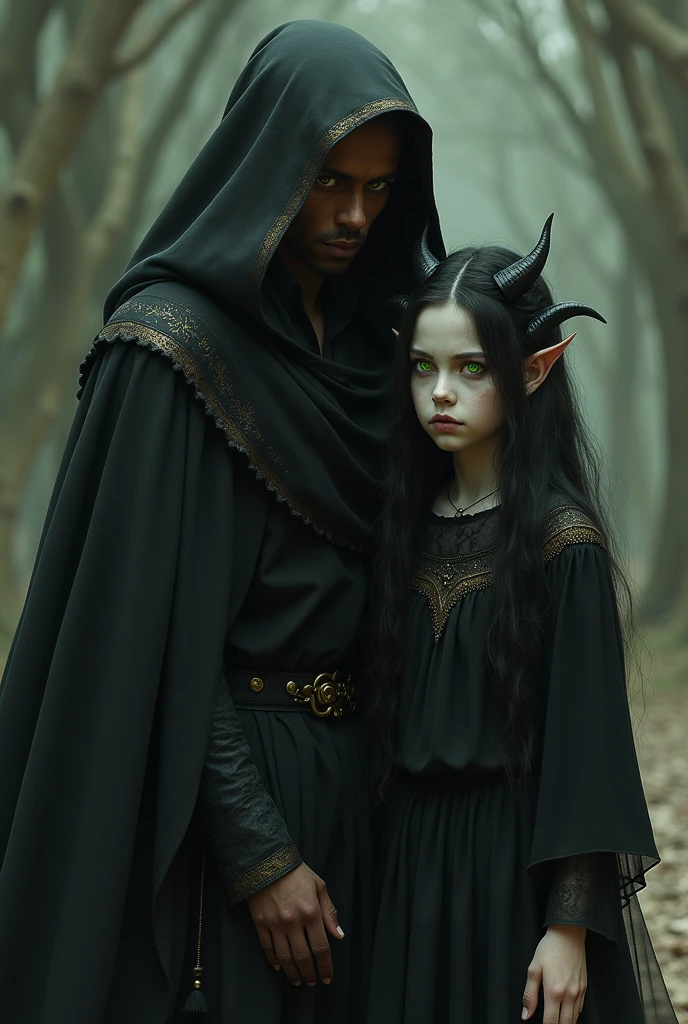 a black long-haired,gray-skinned,green-eyed,black drees,little horned girl.
He is a handsome guy with black hair,brown skin,yellow eyes,beardless,and black gold long necked robe.