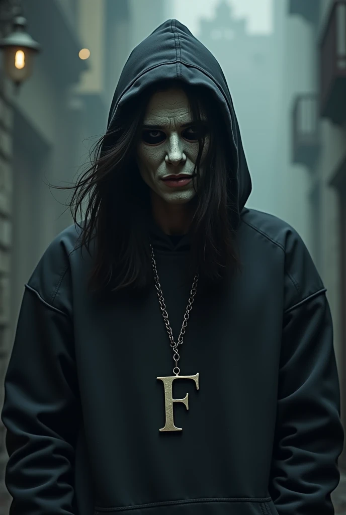 Young man wearing a hooded sweatshirt with a horror mask with long hair with a chain that says L.f