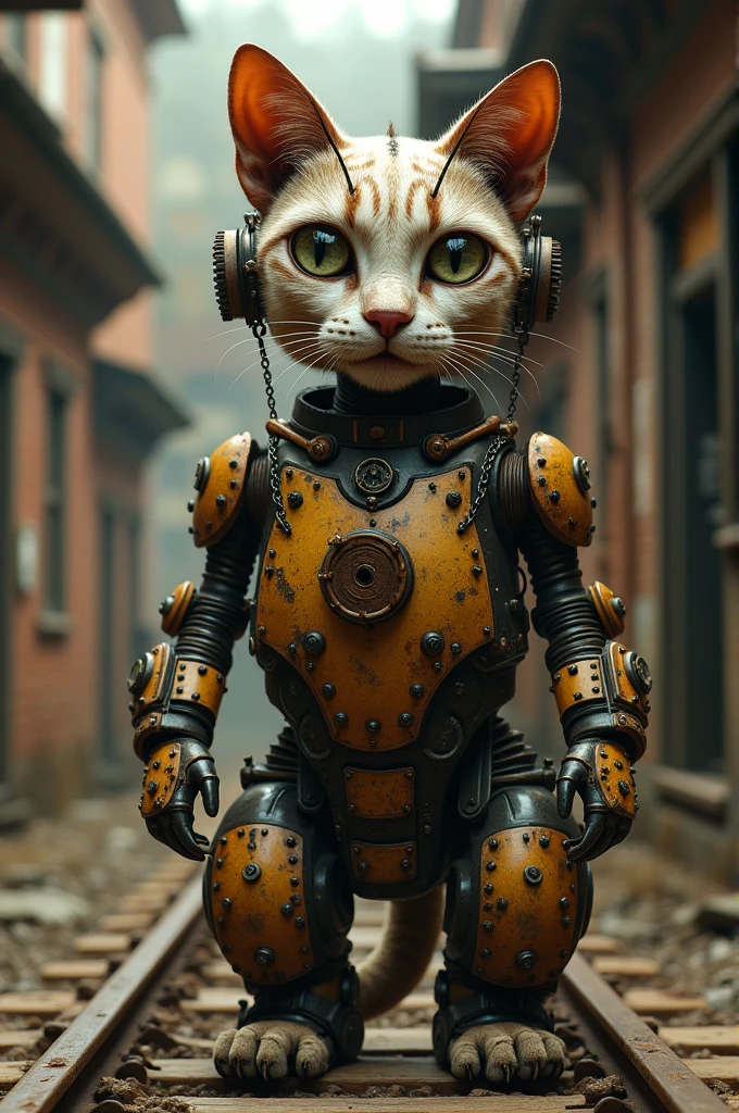 Create an AI art of a cat where the entire body and face of the cat resemble an old train. The train should have rusted parts, an old design, and be in yellow and brown colors. Show the cat standing at an old, vintage railway station with a rustic background, capturing a nostalgic feel.
