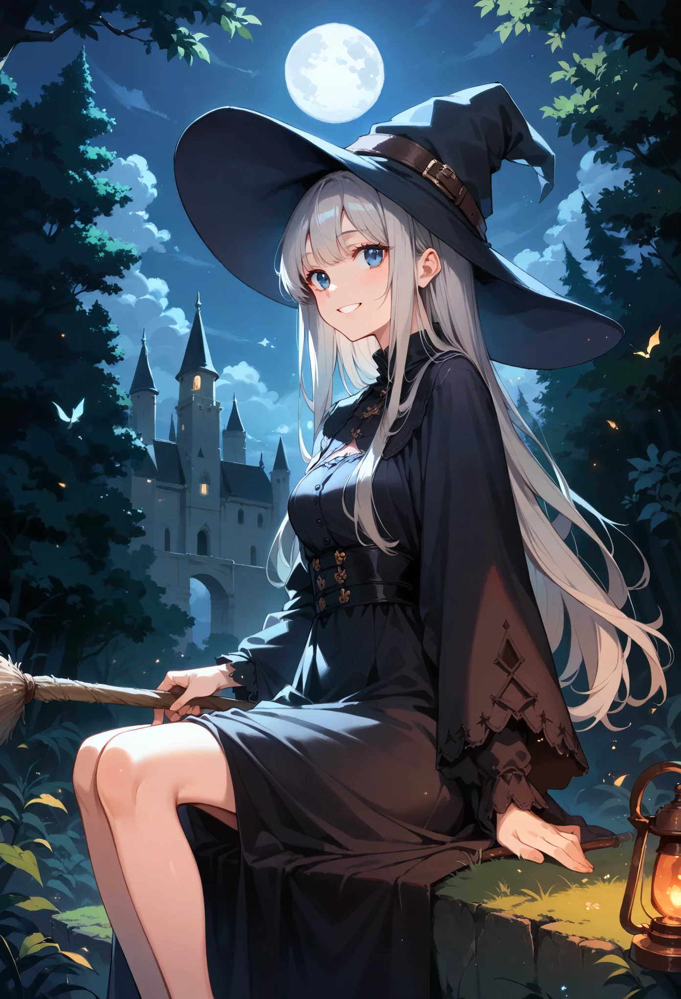 Anime girl with grey hair and black clothes holding a broom and in a forest next to a castle at night, alone girl, hat, solo, witch hat, blue eyes, moon, night, long hair, outdoor, sitting, tree, smiling, sky, full moon