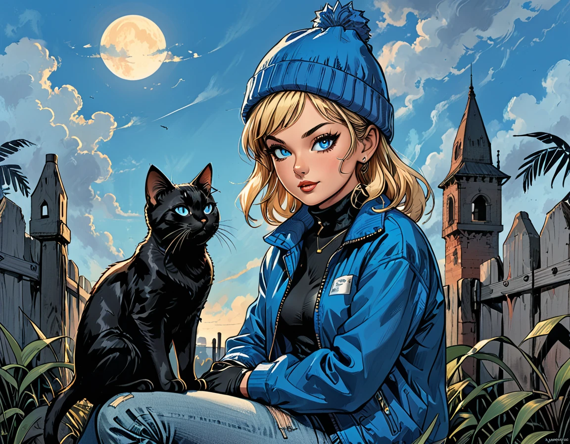 (((night))), dark, black cat, 
looks away,
(((look at each other))), glowing eyes, black cat with open mouth, ((high brick fence)), bottom view, ((tropics)),(palm), clouds,  fullbody ((profile)) ((girl in Blue zipped up down winter jacket and black turtleneck )) and (((jeans))) and blue gloves and (((blue winter hat)))) ((sitting on  knee and petting a black cat on the head)) on the road with brick fence, adult, [Nordic], Hourglass elongated fitness body, perfect Olive skin, Oval Face, Long neck, Rounded shoulders, perfect hand, Attached Pointed ears, round forehead, (Short blonde Waves pixie hair), snub nose, Arched eyebrows, ((Monolid blue Eyes)), High Round Narrow cheekbones, Dimpled Cheeks, Rounded Chin, Rounded Jawline, Full nude Lips, (blue eyes), Nude Makeup Look, long eyelashes, long slim fitness legs, graphic style of novel comics, perfect hands, 2d, 8k, hyperrealism, masterpiece, high resolution, best quality, ultra-detailed, super realistic, Hyperrealistic art, high-quality, ultra high res, highest detailed, lot of details, Extremely high-resolution details, incredibly lifelike, colourful, soft cinematic light, 
(looks away),