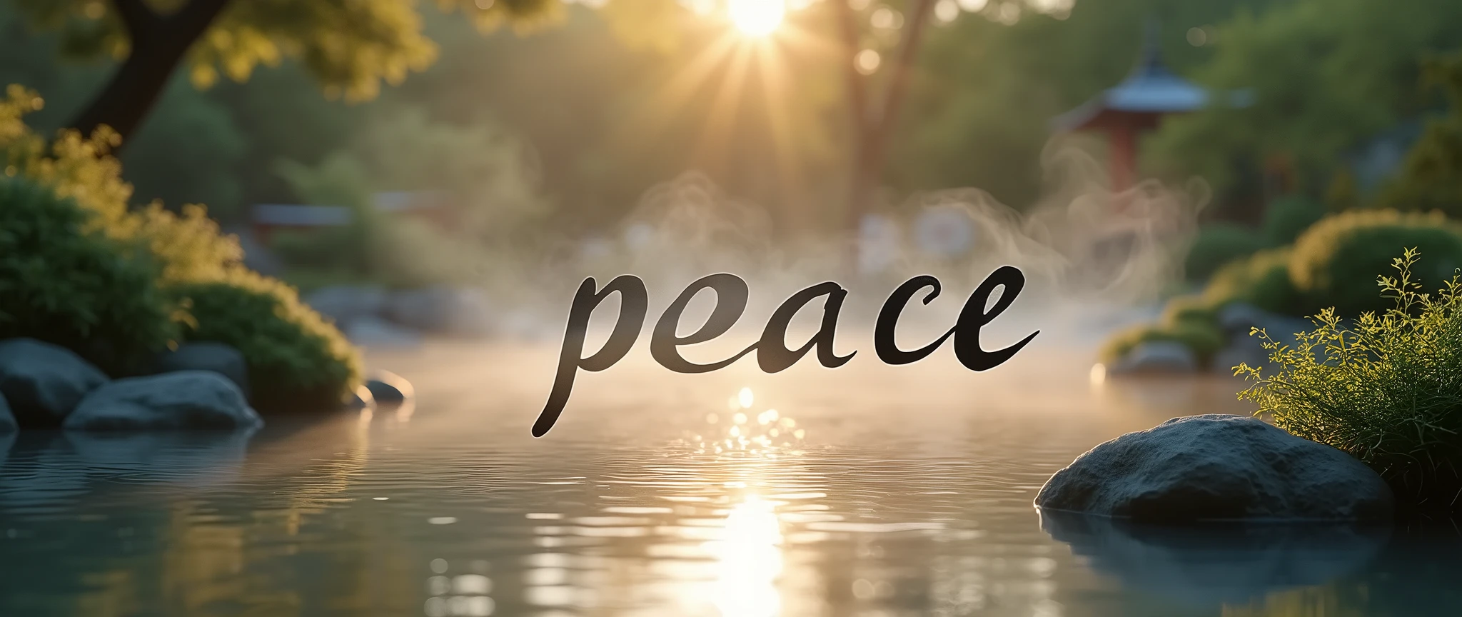 (masterpiece:1.2, Highest quality, Ultra-high resolution, Very detailed, Realistic, Ultra-high resolutionのカメラ), 8k, wallpaper, (Shooting the pond from above), (A detailed depiction of the pond bottom with the water surface reflections removed:2.0), sunny, Japanese garden, Serene landscape, Healing. [(Suspended in the air between scene and the viewer, a translucent, almost ghostly black message reads exactly: "PEACE". The text appears as if it's floating, blurred at the edges, with the letters formed from a faint mist or white smoke that lingers in the space. The smoky words are readable, though not overly bright, hovering just in front of his gaze, creating a surreal yet powerful effect. Text exactly says: "PEACE". They seem to be written in chalk. The text says: "PEACE". semi-transparent text that reads 'PEACE' in a dramatic, bold font. The text almost acts as a title, floating in the air, partially obscuring the scene but enhancing the overall tension and urgency of the moment)]