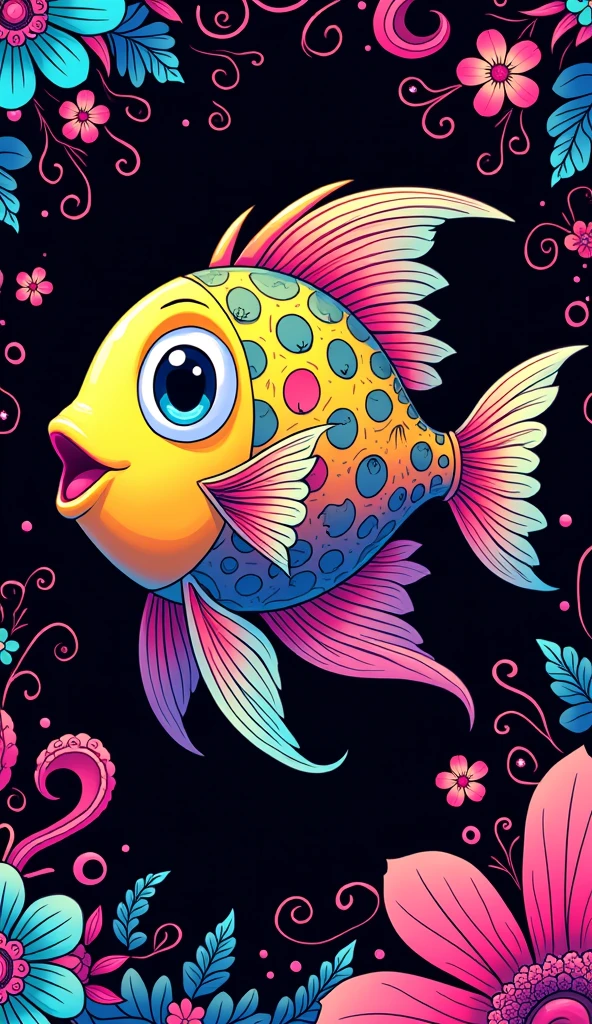 a colorful chibi fish swimming on top of a black background, fish detailed, art nouveau Klimt inspired, high
contrast coloring, coloured with lots of colour, coloring book page, psychedelic, colouring colored in, perfect coloring,full of colors and rich detail, bright colors, highly detailed, colourful , neon coloring, detailed art in color, coloring book style, highly intricate and colorful, Delicate pink and black line pattern, Intricate pattern, Detail part, Dynamic
