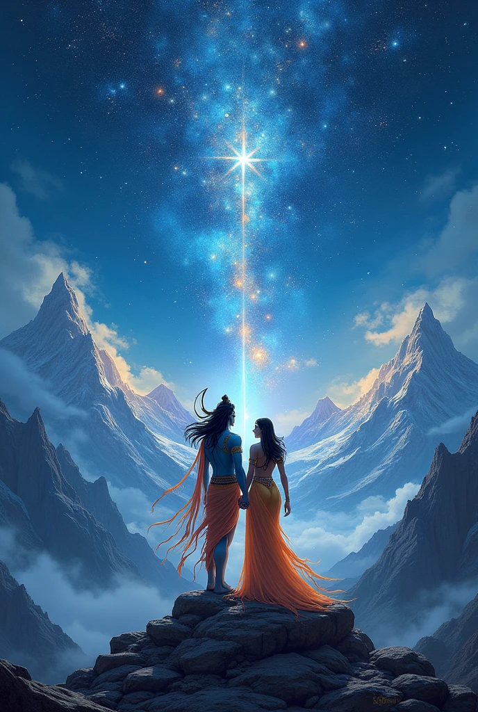 Lord Shiva and shakti stand in mountains see a beautiful sky in the night