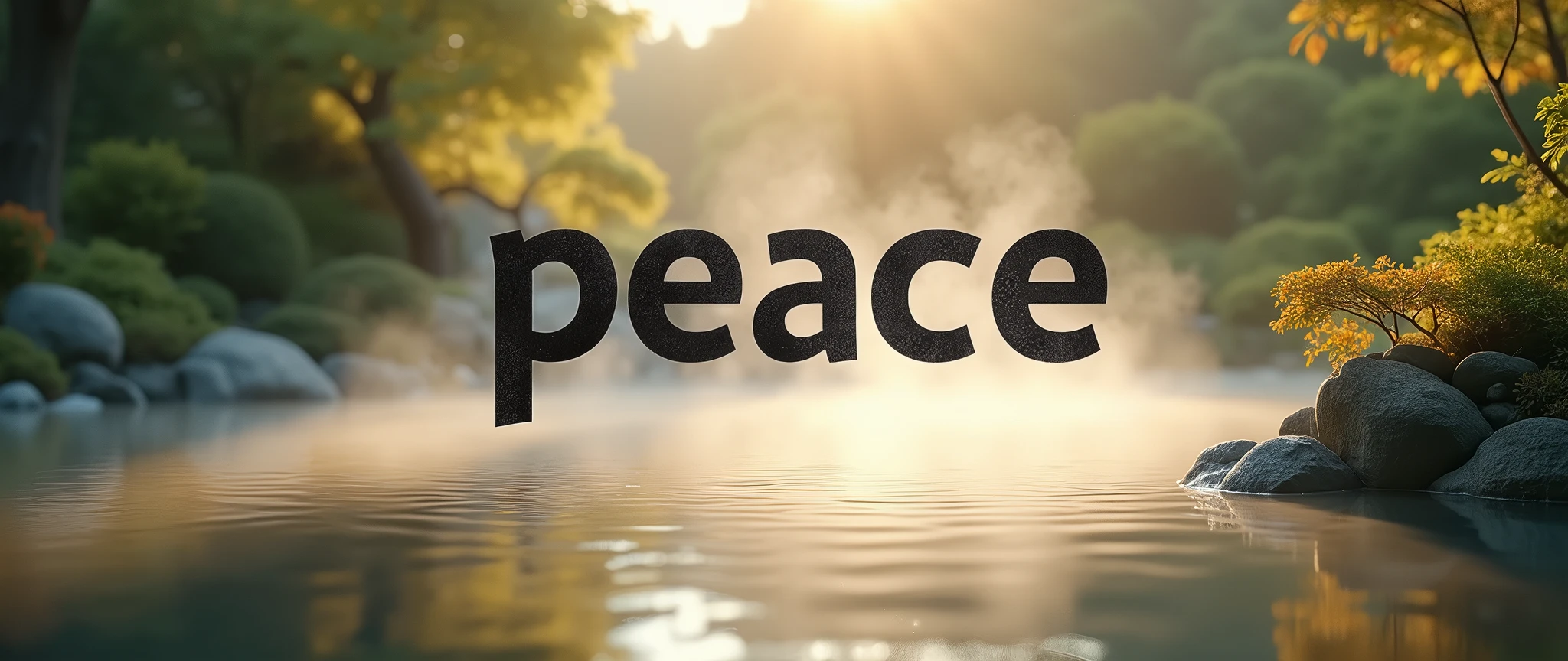 (masterpiece:1.2, Highest quality, Ultra-high resolution, Very detailed, Realistic, Ultra-high resolutionのカメラ), 8k, wallpaper, (Shooting the pond from above), (A detailed depiction of the pond bottom with the water surface reflections removed:2.0), sunny, Japanese garden, Serene landscape, Healing. [(Suspended in the air between scene and the viewer, a translucent, almost ghostly black message reads exactly: "PEACE". The text appears as if it's floating, blurred at the edges, with the letters formed from a faint mist or white smoke that lingers in the space. The smoky words are readable, though not overly bright, hovering just in front of his gaze, creating a surreal yet powerful effect. Text exactly says: "PEACE". They seem to be written in chalk. The text says: "PEACE". semi-transparent text that reads 'PEACE' in a dramatic, bold font. The text almost acts as a title, floating in the air, partially obscuring the scene but enhancing the overall tension and urgency of the moment)]