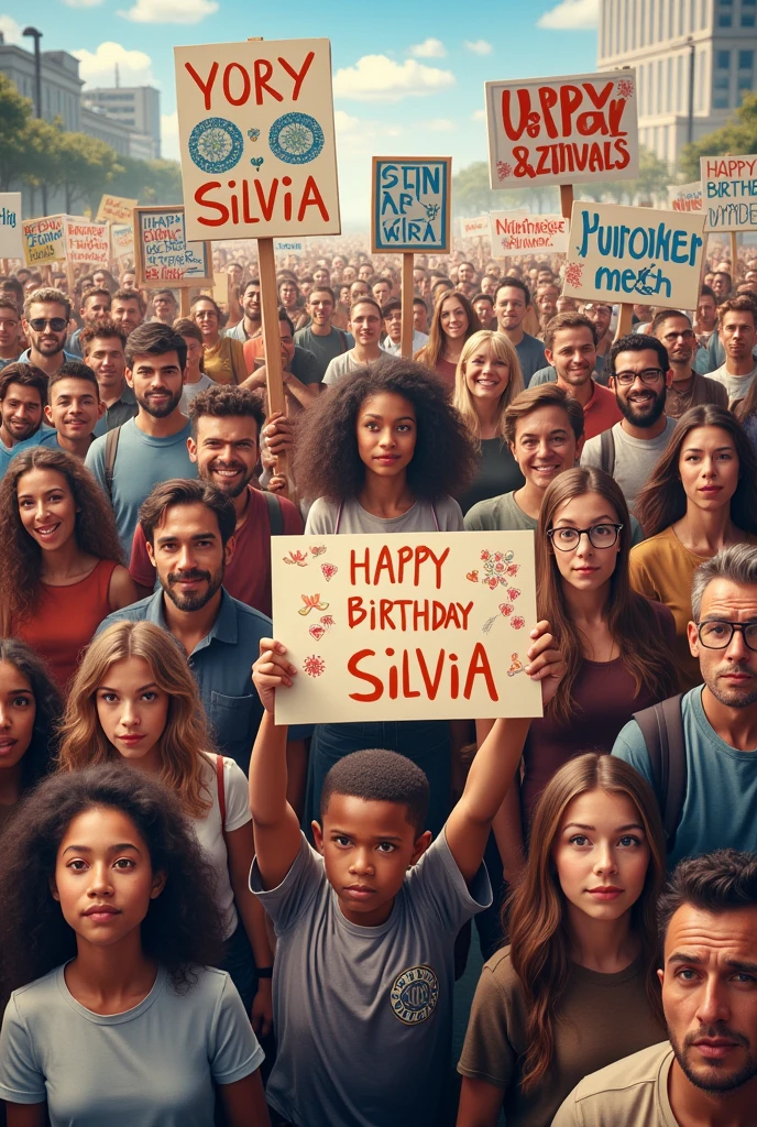 A realistic image of a demonstration of people with signs saying Happy Birthday Silvia as a montage on their posters