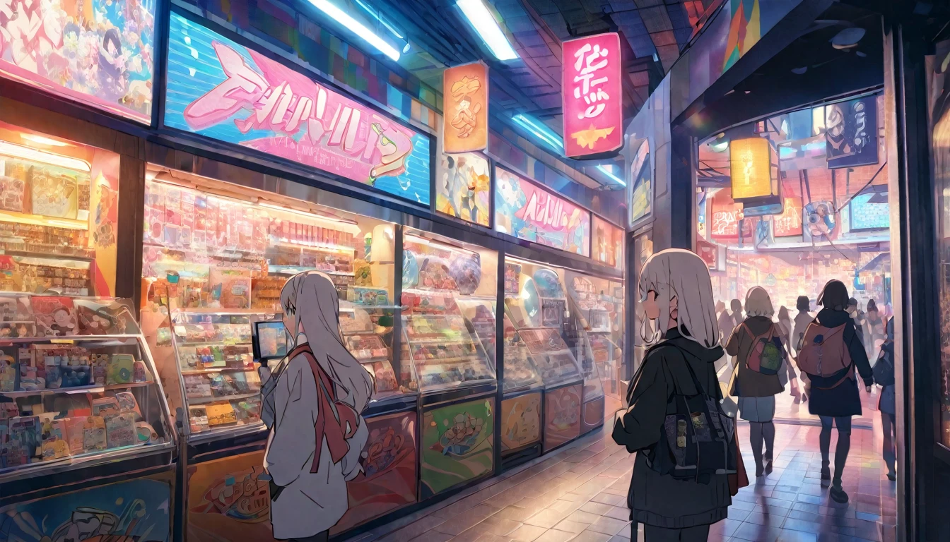 A woman with white hair and cute clothes、First visit to Akihabara。On Electric Town Street、Colorful neon signs sparkle、A store with the latest gadgets and figurines々is standing side by side。From the entrance of the game center、Rhythmic music plays、Huge posters featuring anime and manga characters catch your eye。The whole town exudes an otherworldly atmosphere.。The main character as a tourist、While wondering which store to stop at,、Enjoy the excitement of Akihabara。