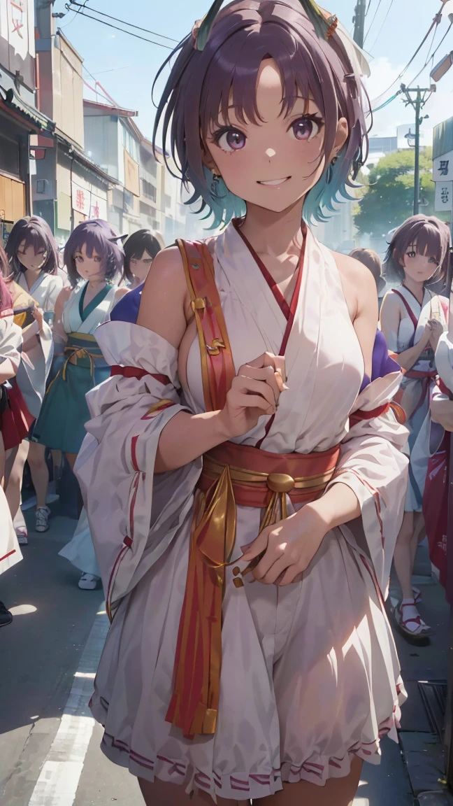 masterpiece, Highest quality, High resolution, Very detailed,(((Toru Asakura))), (((smile)))、(((Standing in the distance))), (((torii))), (((Wearing a shrine maiden outfit。))), (((crowd))), (((Multicolored Hair))), (((horn))), (((Pink Eyes))), (((Blue Hair))), (((Earrings))), (((Gradient Hair))), (((Multi-colored hair))), (((Parted bangs))), (((Purple Hair)))