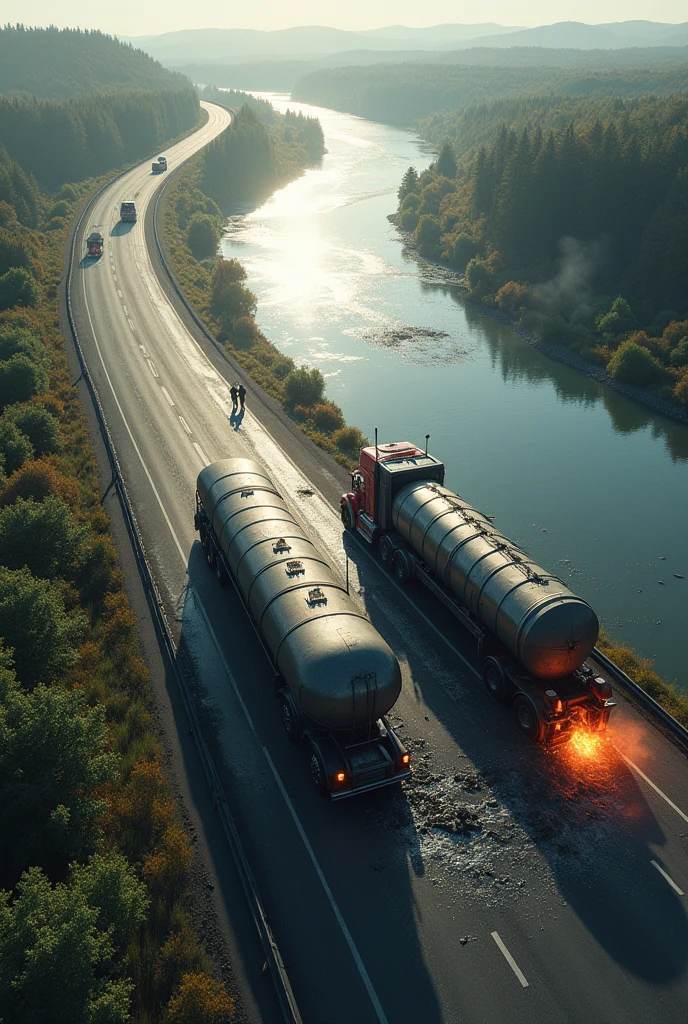 Aerial shot of a head-on collision between two tanker trucks, This collision caused a leak of the combustible liquid that was being transported by one of the trucks., next to the highway where these trucks travel, a river passes, and the leak is heading towards this river