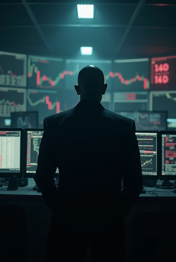 mAKE A HUMAN BEING, his name is fxhitman, a forex trader known for his market sniping abilities, black nigerian guy btw, dark enviroment surrounded with forex charts on screens, make it look like a movie poster, his face shouldnn't show it should be covered in shadow, he has bald head, amd looks like s hitman