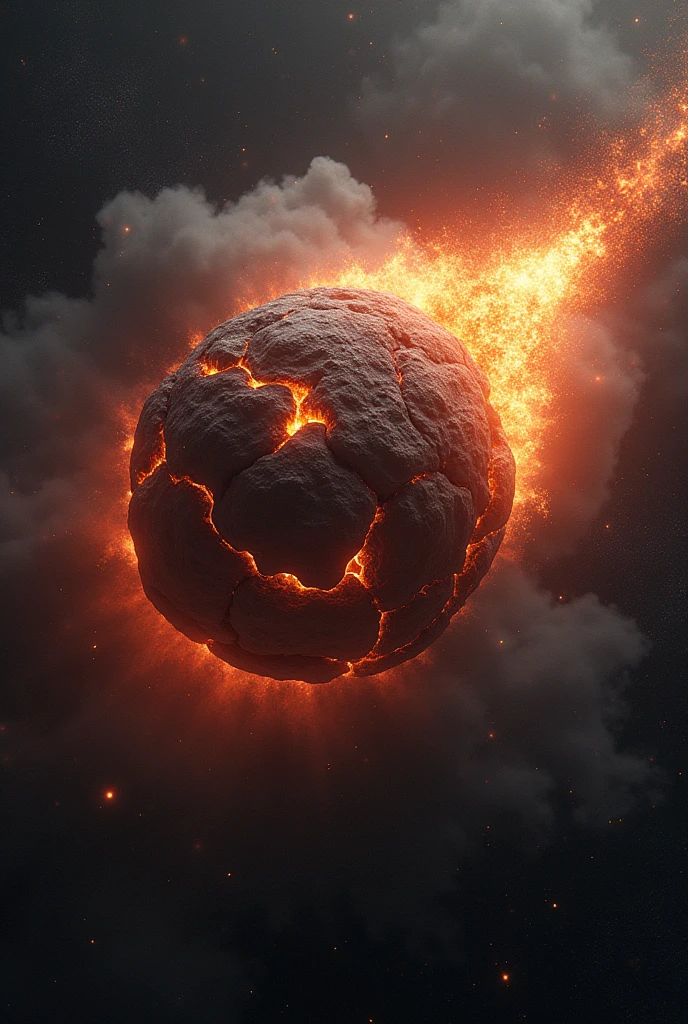 Large asteroid up close in space on fire