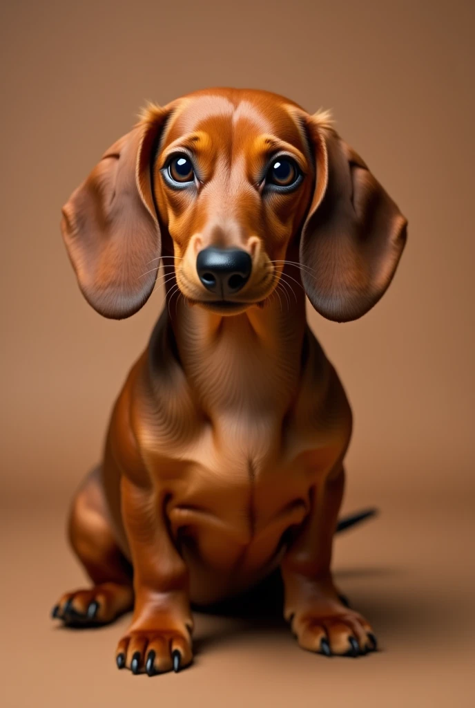 a beautiful brown dachshund dog, she is fat, sitting facing forward, isolated on a brown background