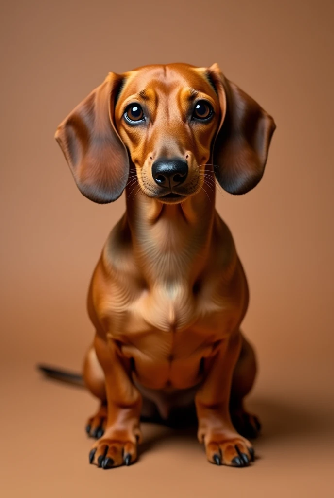 a beautiful brown dachshund dog, she is fat, sitting facing forward, isolated on a brown background