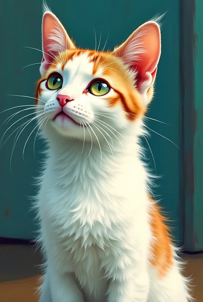 a white-bodied cat with a tabby forehead, ears and back, with greenish-brown eyes and a line around them, looking up at the sky, drawn in the style of Vincent Van Gogh