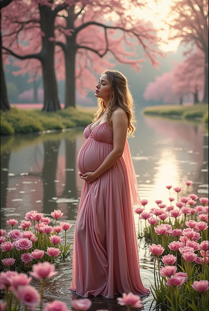 pregnant woman in a pink dress standing in a pond of water, a picture by Eugeniusz Zak, pixabay contest winner, digital art, maternal photography 4 k, in pink forest, pregnant, very magical and dreamy, dressed in a pink dress, pregnancy, gorgeous and beautiful, pregnant belly, maternity feeling, photo of a beautiful, stunning photoshot, beautiful maiden