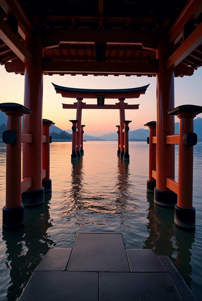 At dusk、Photo taken with the large torii gate of Itsukushima Shrine as the focus。The tide is going out、The moment the tidelands appeared、The majestic torii gate captured from a low angle、Beyond the torii gate、The sky turns from orange to purple。Capture the reflection of the torii gate on the water surface、In a symmetrical composition、Capture the moment when a torii gate appears to float on the water。Also、I also took a shot from the corridor a little away from the torii gate.、A torii gate seen through the pillars、The shadows emphasize the tranquil atmosphere。moreover、At high tide、The angle chosen was such that the corridor appears to be floating on the sea.、A photo of the waves gently caressing the columns of the gallery。Light and shadow、Capture a moment when nature and architecture are in harmony。