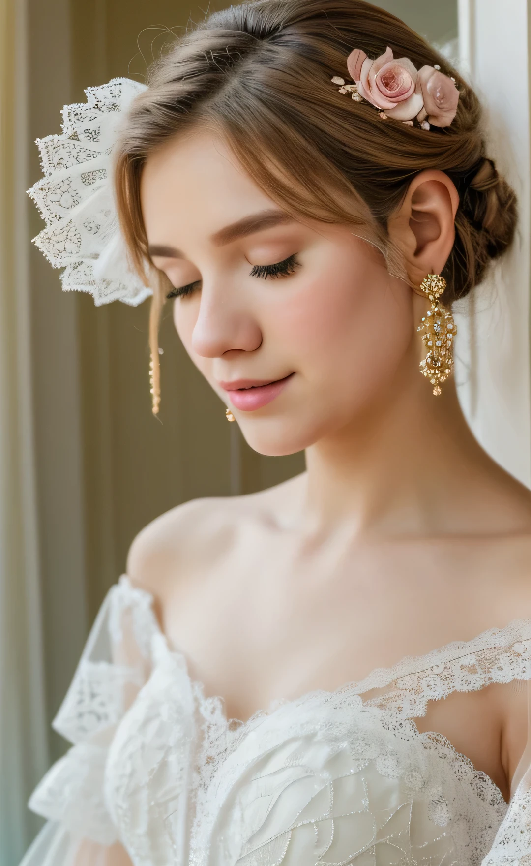 Create 
Prompt: "A young woman in an ethereal, dreamlike setting stands before an ornate, oval-shaped mirror with a golden frame. She wears a delicate white lace mask that partially covers her eyes, adding an air of mystery to her appearance. Her hair is styled in a soft, elegant updo, and she is adorned with long, delicate, dangling earrings that complement the intricate design of her mask. She is dressed in a white, off-the-shoulder gown with fine lace details, embodying a classical and romantic aesthetic. The mirror reflects a serene scene of soft, pastel-colored flowers, including pink and white blossoms, against a soothing teal background that enhances the magical atmosphere. The woman gently touches the mirror, lost in thought, her expression one of quiet contemplation and longing. The overall scene exudes elegance, mystery, and a sense of timeless beauty."

Image Size: 1024x1024