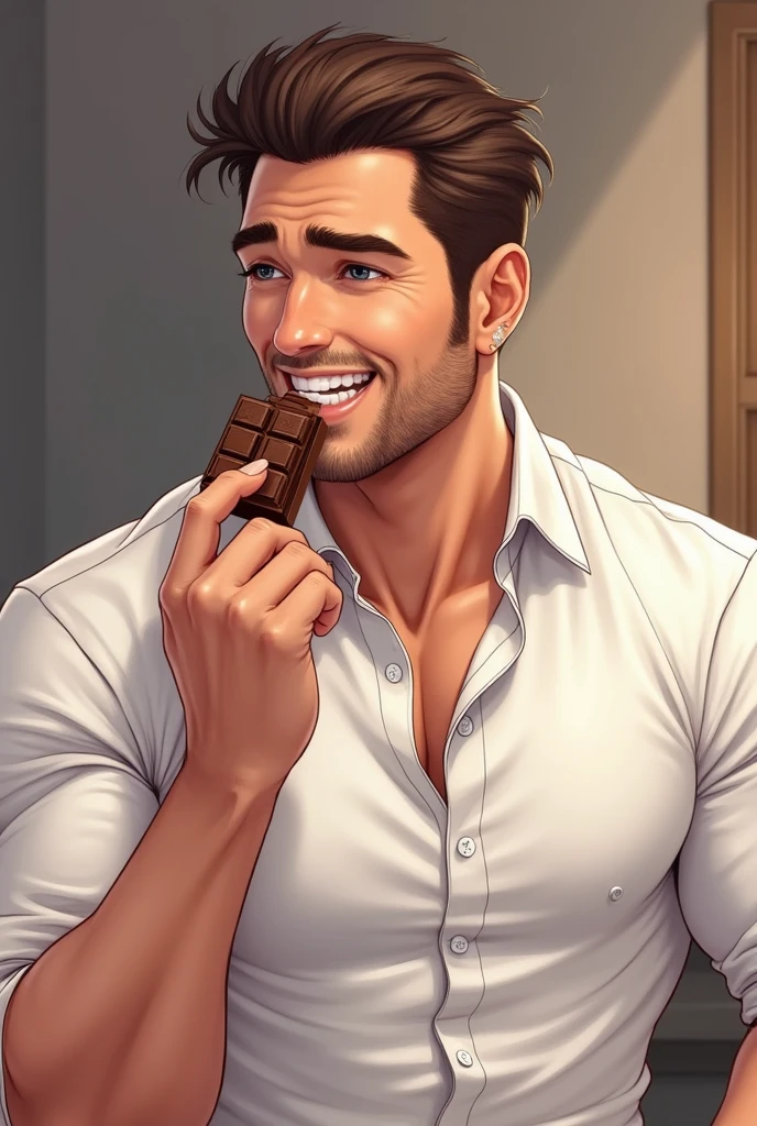 Man eating chocolate smile Muscular Stylish Simple Background White shirt