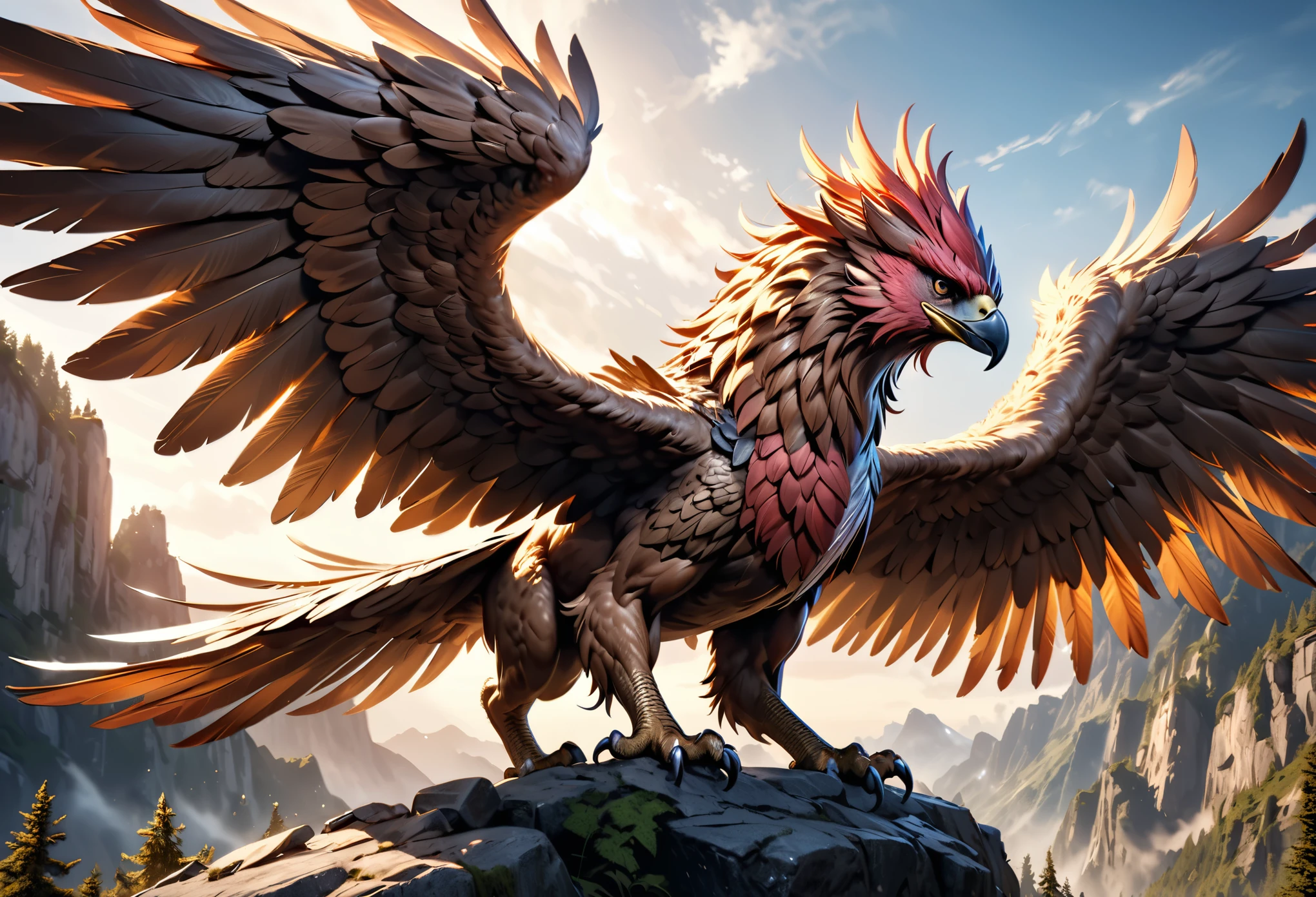 intricate detailed fantasy griffin,flying griffin,magnificent winged griffin,magical mystical griffin,realistic photorealistic griffin,dynamic action pose griffin,(best quality,4k,8k,highres,masterpiece:1.2),ultra-detailed,(realistic,photorealistic,photo-realistic:1.37),dramatic lighting,vibrant colors,cinematic composition