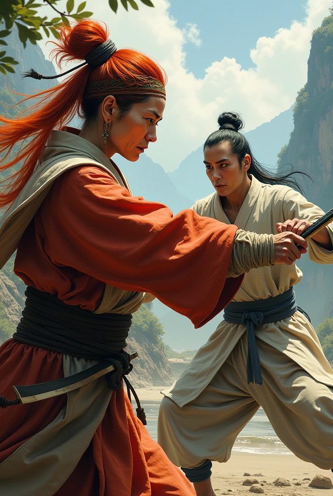 Old woman, redheadwear, duelist monk, Asian