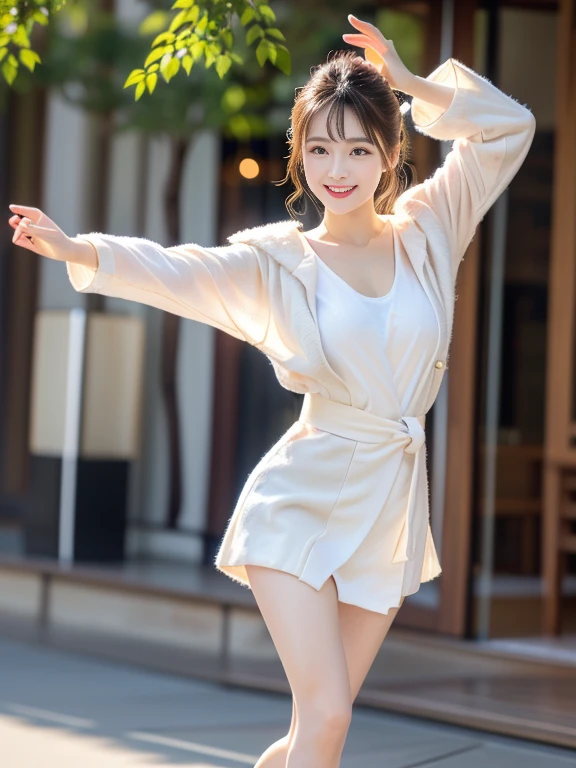 A woman dancing the Awa Odori dance in realistic photo quality, Japanese Model,Traditional white Japanese happi coat, Cute playful pose of the dancer, looking at the camera、Detailed and beautiful eyes、Cute smile、A soft and gentle look、Wearing white socks、Thin legs