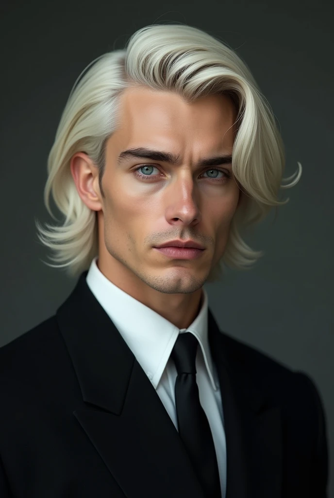 A beautiful man platinum hair medium length and ice blue eyes no beard white skin and black formal suit NOT OLD
