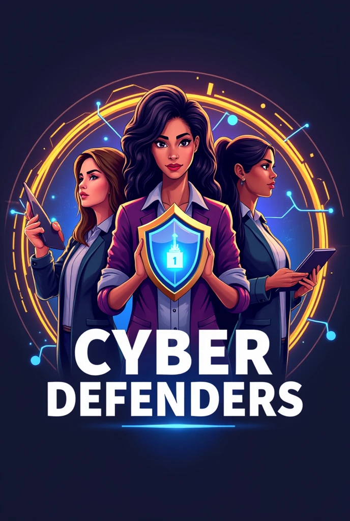 the logo of *Cyber Defenders* should symbolize empowerment, diversity and the collective strength of women in the digital environment. The central design may feature *three female figures* iconic, each representing different ethnicities, ages and styles, to reflect the diversity and inclusion that the game promotes. These three women can be positioned side by side, in a triangular formation, which conveys balance and unity. Each one may be holding a symbolic element:

1. *The first woman* holds a digital shield, symbolizing online protection and security.
2. *The second woman* levanta um tablet ou laptop, representing technology and knowledge.
3. *The third woman* holds a flag or emblem, symbolizing leadership and social change.

*All three women must have strong and confident postures.*, with expressions of determination and focus, showing that they are ready to face any challenge in the digital world.

*The background can be a circle or a hexagon, with lines of code or digital circuits flowing around the figures, representing the technological environment in which they operate. The color palette may include **vibrant shades of purple, electric blue and gold*, symbolizing power, Innovation and sophistication. Gold details can highlight the contours of the shield, of the devices and the characters&#39; clothes, giving a touch of elegance to the design.

*The name of the game, "Cyber Defenders"*, must be positioned below the three figures, in a modern and robust typography, perhaps with a light effect or gradient that goes from purple to blue, symbolizing the energy and digital transformation that defenders represent.

*Additional Detail* may include digital connection symbols, as network icons or code snippets, that surround the three women, reinforcing the idea that they are interconnected and ready to protect the online world together.

This logo not only captures the essence of the game, but also conveys a message