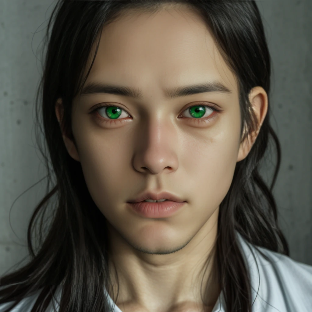 Young man, Eren yeager long hair, green eyes and black hair, 2,Close Up