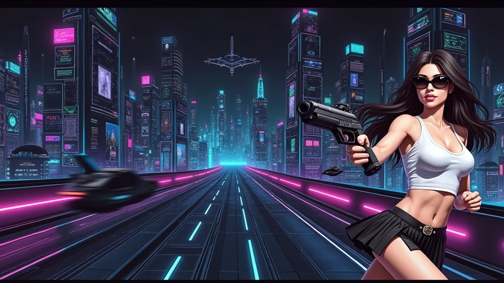 Futuristic cityscapes with colorful all-glass outlined towering skyscrapers with lightning, flying vehicle. High-resolution OLED GUI interfaces in the building, The windows are filled with transparent data visualization infographics that show it all, Egyptian fantasy arts, Egyptian statue, (Egyptian hieroglyphics). Colors are saturated and vibrant. At night, (1girl, solo, alone), photorealistic, large-breast slim:0.6 body, oval:0.5 face, cleavage:1.1, very low angle view of pleated miniskirt, deep-v, (upskirt), glove, (Matrix style black micro sunglasses), (aiming viewer with a short gun), dynamic running pose, (half-body thigh level close-up shot), cinematic lighting, ray tracing, motion blur background.