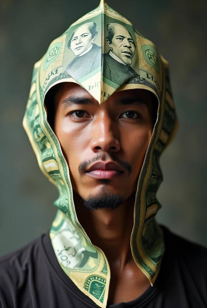 the art of folding banknotes to form a head covering, you can see the face of the banknote figure wearing a head covering made from folded money, man, indonesia rupiah