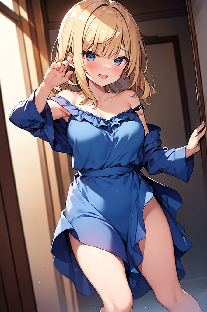 (Masterpiece, Top quality:1.5), nsfw, full body, (1 beautiful girl, solo:1.2), (short height:1.3), (blue Satin Nightgown and Matching Robe:1.3), (strap slip:1.2), Blonde hair:1.1, medium Hair, wavy Hair, asymmetry bangs, swept bangs, airy hair, large breasts:1.1, blush:1.3, beautiful scene of bedroom, magnificent panorama view, blurry background, open mouth, dynamic pose ,dynamic angle