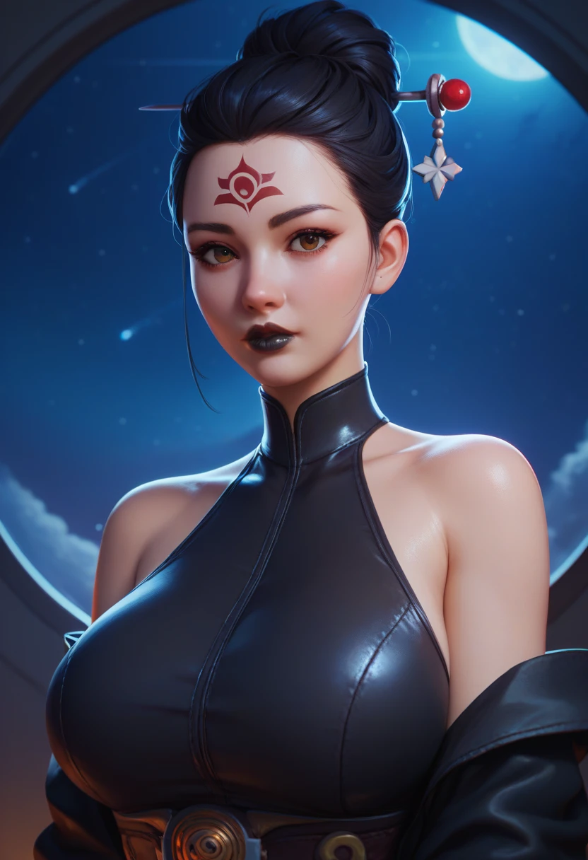 Si Mei, Black Myth, Black Myth Wukong, black hair, facial mark, single hair bun, hair bun, forehead mark, hair ornament, makeup, black lips, score_9, score_8_up, score_7_up, score_6_up,, looking at you, big breasts, upper body, night sky, outer space
