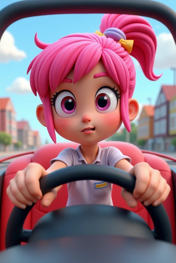 The same pink haired girl cartoon shows a 3D driving pose.