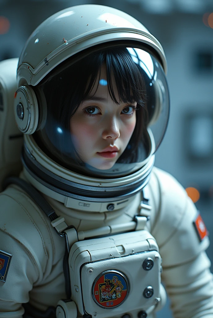 (8k, RAW photo, best quality, masterpiece), (photorealistic), outstanding details, ultra-high resolution, anatomically correct, textured skin, (Extremely precise and accurate anatomy),

(wide lens effect), (outer space), astronaut, extravehicular activity, EVA, weightlessness, zero gravity, spacewalk, 
(Cute Japanese girl , 20-year-old),  upper body, (bubble helmet:1.4)

spacesuit sokol rusian
(dramatic lighting), cinematic lighting, 