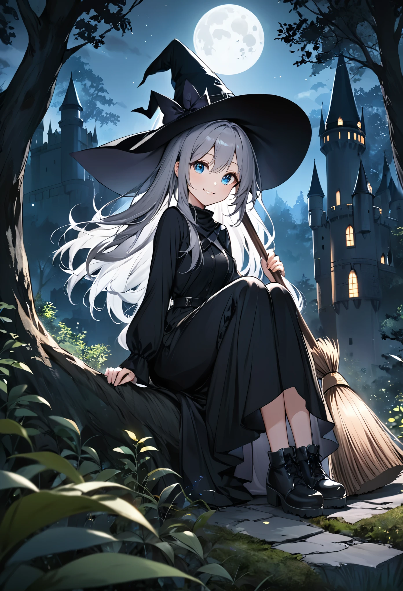 Anime girl with grey hair and black clothes holding a broom and in a forest next to a castle at night, alone girl, hat, solo, witch hat, blue eyes, moon, night, long hair, outdoor, sitting, tree, smiling, sky, full moon