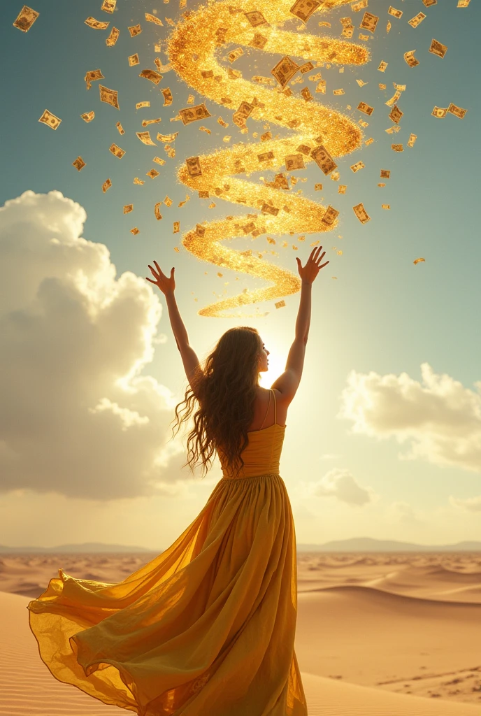 High resolution woman in golden dress with her back turned with her hands raised to the sky in the desert and a spiral of money bills descending on her 