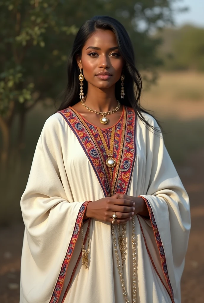 Create a photorealistic image of an Ethiopian woman wearing a traditional Habesha kemis. The dress should be ankle-length, made of white cotton fabric with intricate, colorful embroidery around the neck, wrists, and hem. Include a matching shawl draped over her shoulders. The setting should be natural with good lighting.