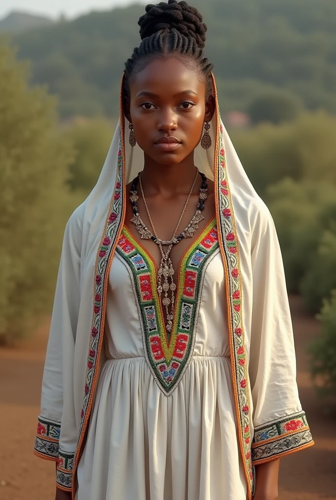 Create a photorealistic image of an Ethiopian woman wearing a traditional Habesha kemis. The dress should be ankle-length, made of white cotton fabric with intricate, colorful embroidery around the neck, wrists, and hem. Include a matching shawl draped over her shoulders. The setting should be natural with good lighting.