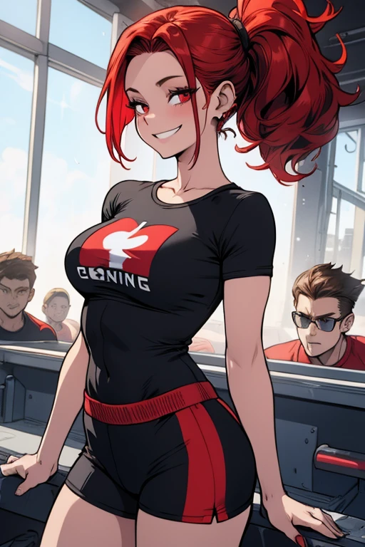 Perfect face. Perfect hands. A red haired woman with red eye and an hourglass figure in a t-shirt and gym shorts is smiling on the track