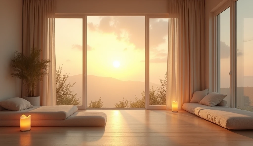 a tranquil minimalist room, soft lighting, flickering candle, outdoor sunrise scene, warm cozy atmosphere, natural lighting, calming serene environment, muted pastel colors, natural textures, delicate wispy clouds, golden sun rays, peaceful contemplative mood, elegant simplicity, refined aesthetic, high quality photo, cinematic composition, award winning art
