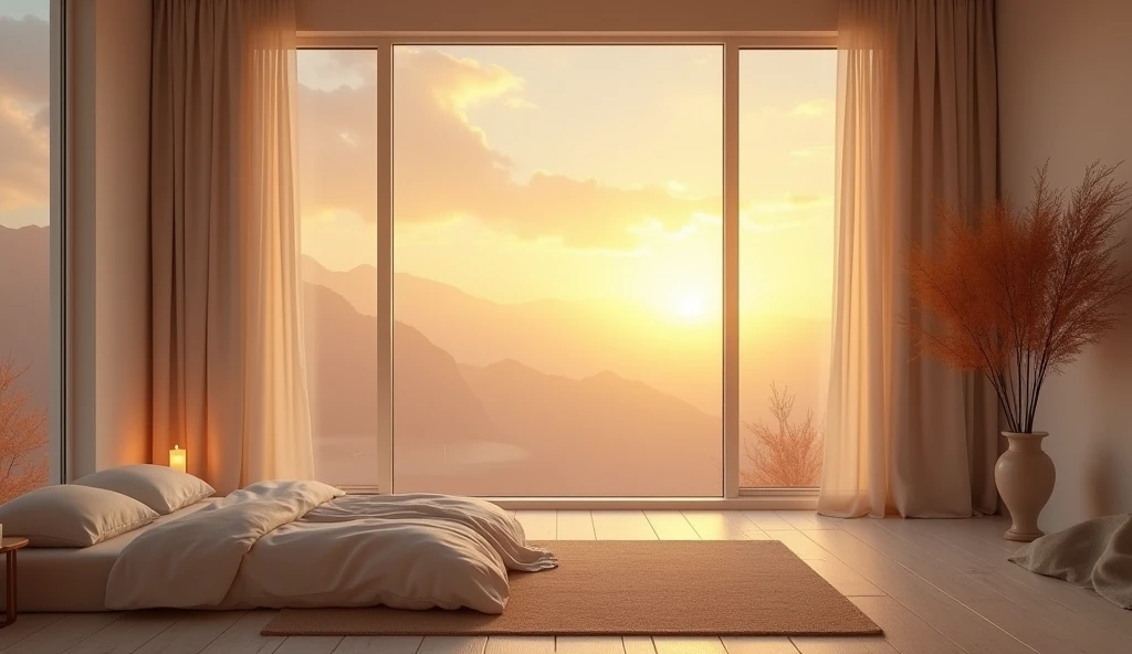 a tranquil minimalist room, soft lighting, flickering candle, outdoor sunrise scene, warm cozy atmosphere, natural lighting, calming serene environment, muted pastel colors, natural textures, delicate wispy clouds, golden sun rays, peaceful contemplative mood, elegant simplicity, refined aesthetic, high quality photo, cinematic composition, award winning art