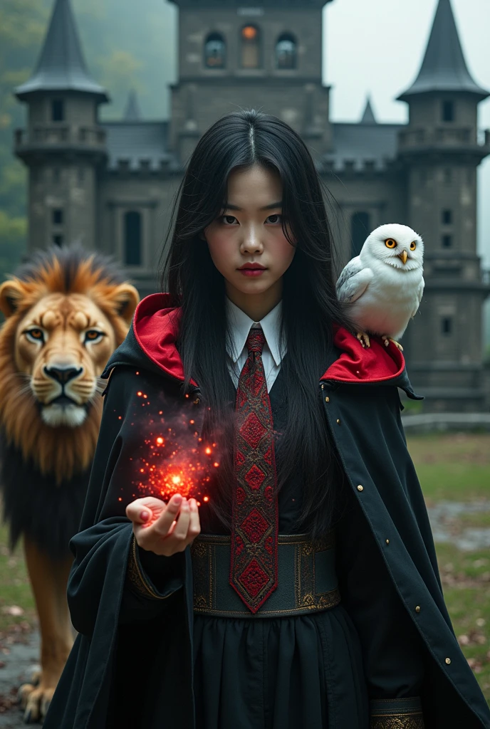 photo, asian woman, white skin, Facing straight, Fluffy black hair, Long slender fingers, Hands with 5 fingers, Black witch cloak, Red Hood, White collar inner shirt, Red and white patterned tie, Holding a small wand, There were several red sparks and red smoke coming out of the wood., A white owl stands on the right shoulder., A large golden lion appeared from the left rear side., The background is an old black castle.
