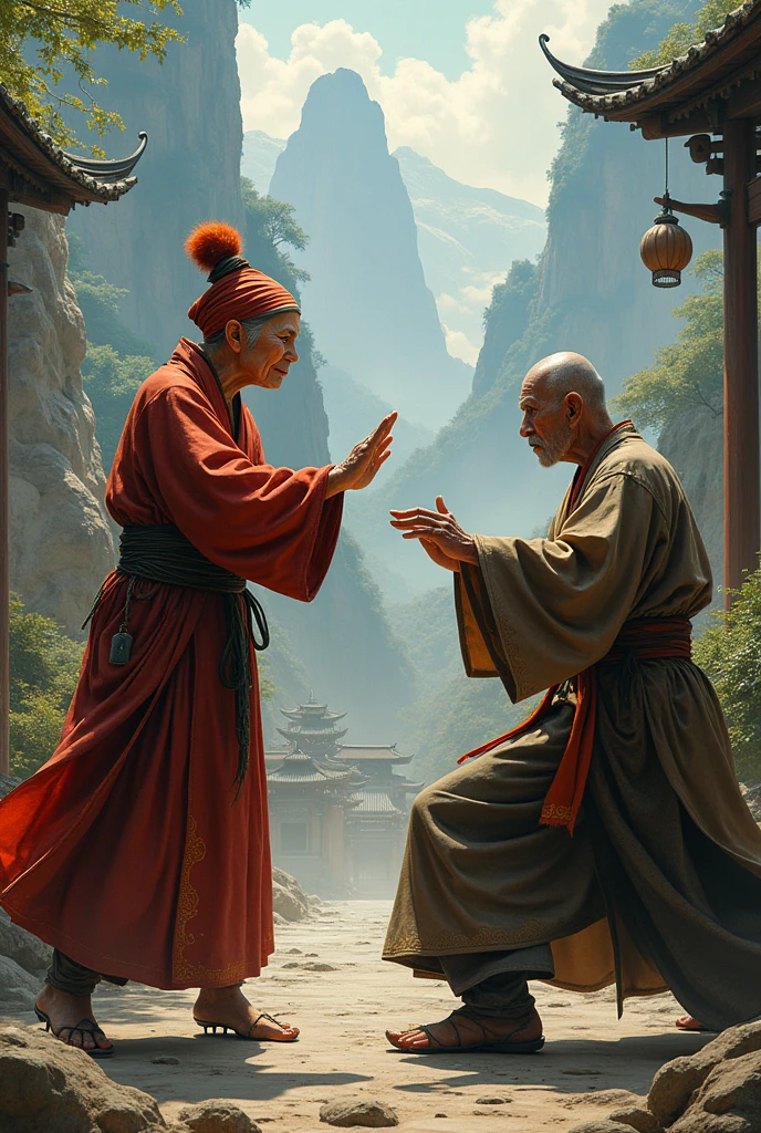 Old woman, redheadwear, monk fighting, Asian