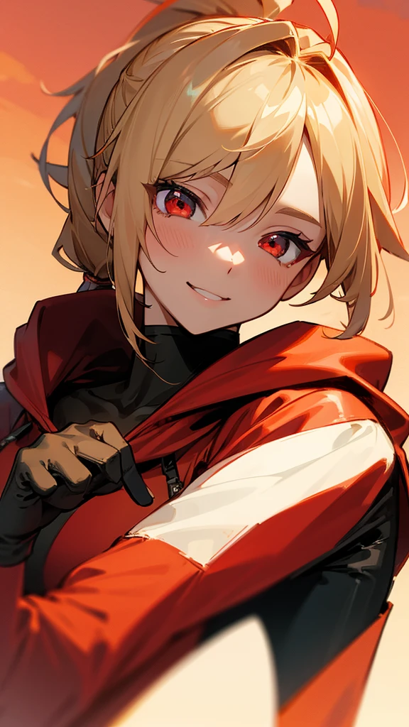 1 girl、alone、Wearing a red hoodie、Wear leather gloves、Blonde ponytail、Ahoge、Beautiful red eyes、smile、Highly detailed face、Upper body close-up、Highly detailed illustration、Golden hour sky、Skyscraper rooftop