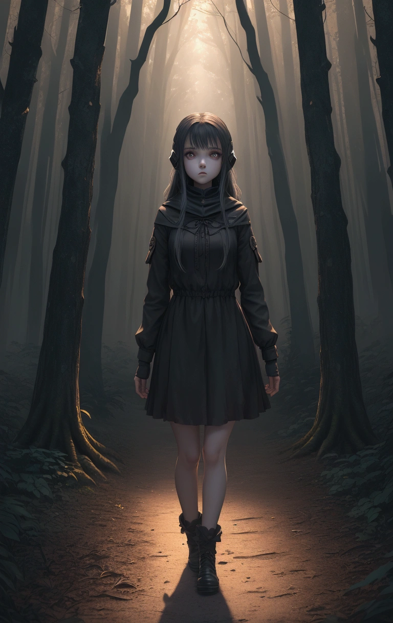stalker, fullbody, Masterpiece, best quality, (highly detailed CG unity 8k wallpaper), (best quality), (best illustration), (best shadows), highly detailed((best quality)), ((masterpiece)), (detailed),masterpiece, best quality, fullbody, photorealistic, stunning innocent symmetry face, emotional, cute age girl in the distant, fullbody, stalking a girl throughout a forest,terrified, terrifying dark and creepy night,stalking in the distant, secluded
