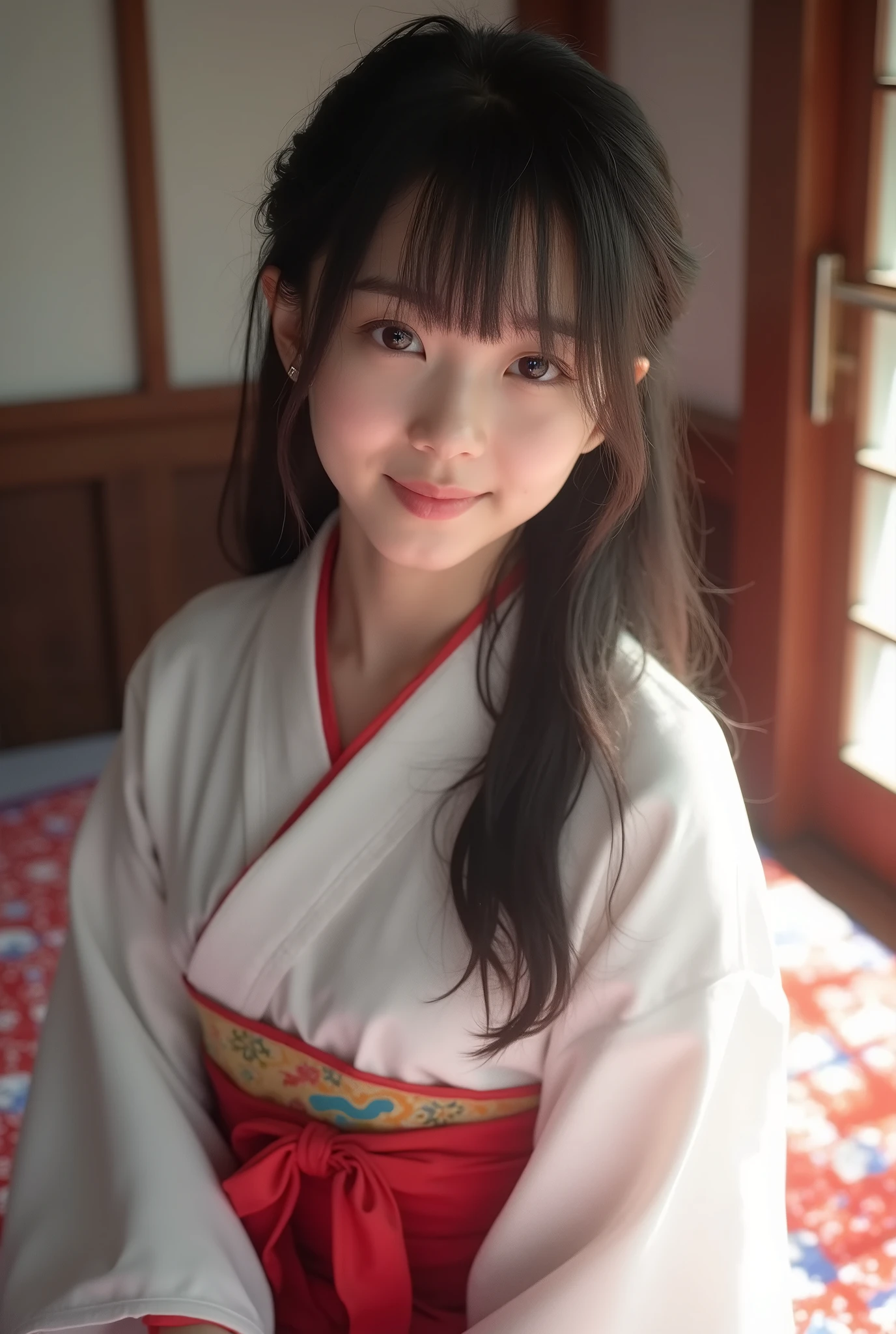 Realな写真、、Japanese high school girl、Japanese Idol、((((Highest quality、Tabletop、8k、Highest quality)、(Beautiful Japanese Perfect Shrine Maiden:1.1)、(The perfect and most natural white robe of a shrine maiden:1.3)、(The perfect and most natural shrine maiden's red hakama:1.3)、(Gracefully styled hair:1.1)、(Face close-up:1.1)、look at me、最高のsmile、The background is a magnificent and luxurious shrine.。、The majestic and luxurious exterior resembles a real shrine.、A gorgeous and authentic shrine using Niwa lacquerware))、Straight Hair、bangs、Detailed face and body、Sleep in bed、Natural lighting、High resolution、Photorealistic、(Highest quality、8k、High resolution、masterpiece:1.2)、Super detailed、(Real、Photorealistic、Photorealistic:1.37)、Realな肌の質感、Detailed eyes and lips、Beautifully detailed face、Long eyelashes、Smooth Skin、Slim figure、cute、smile、Young、、、