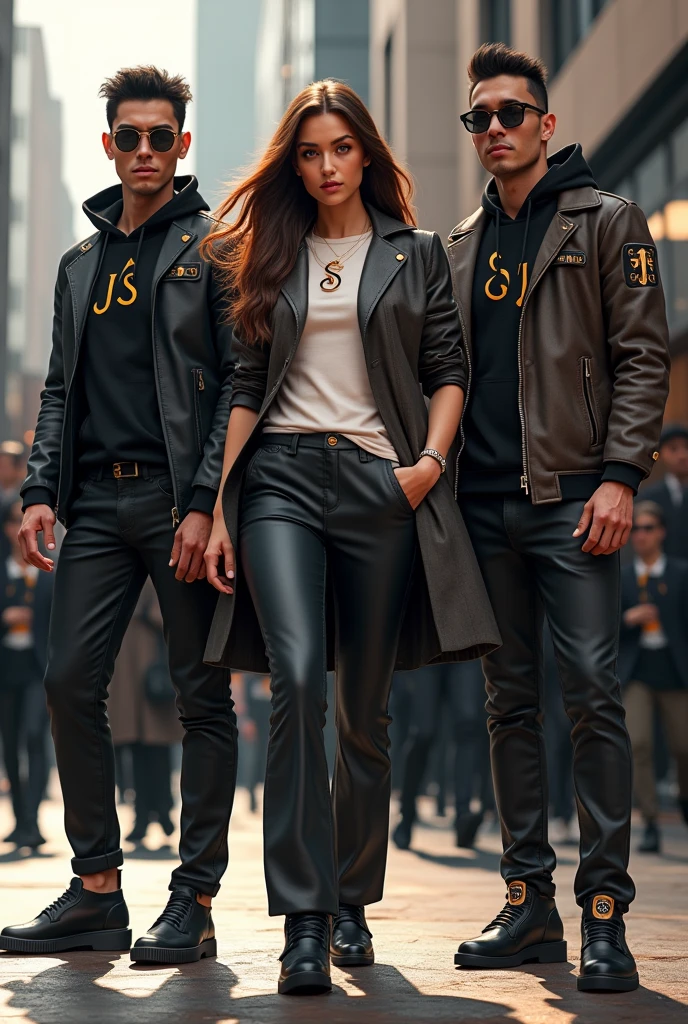 give me person wearing stylish clothes both men and women with S clothing logo&J Nexus en smokin


