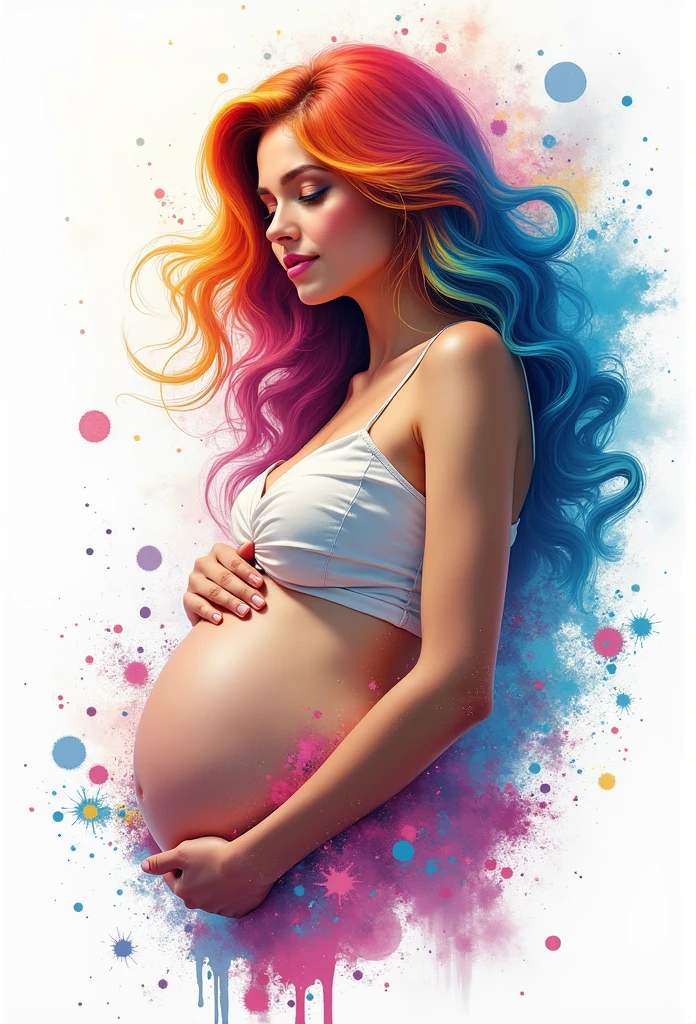 (Masterpiece artwork, best qualityer, high resolution), white background, ((paint splash, splash of color, paint splash, splash of color)), Chinese sweet, rainbow hair, pink lips, 正面, pregnant woman