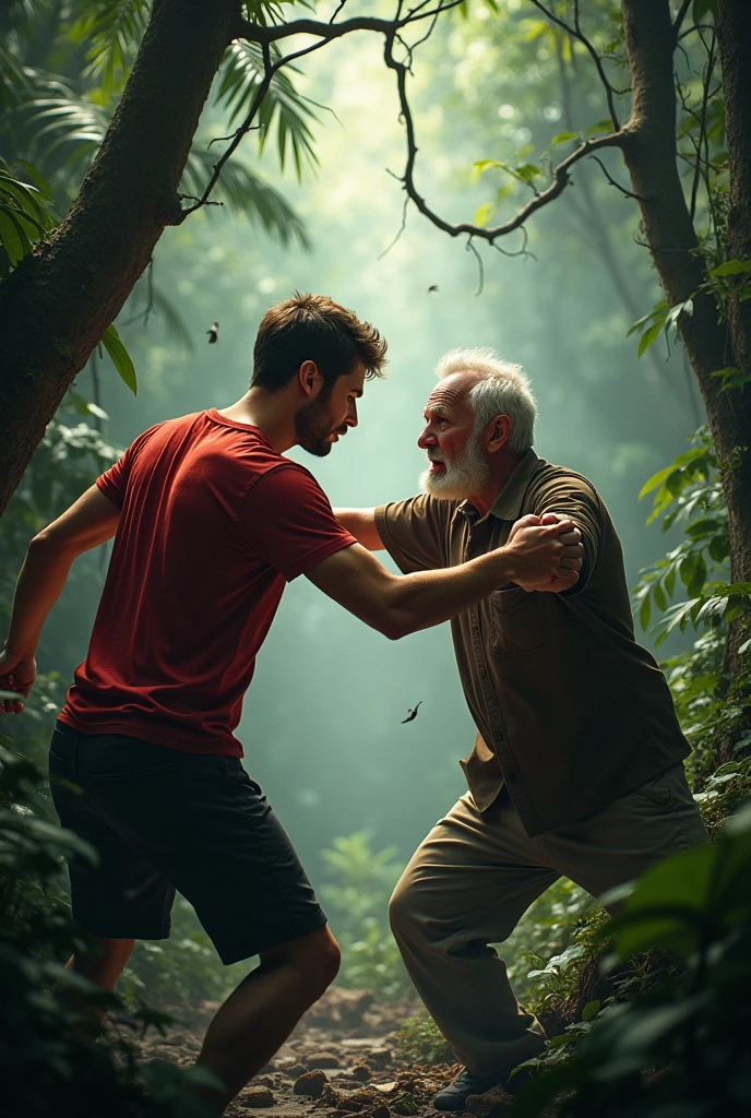 One day a young man with brown short hair in red t-shirts wants to kill and attack a poor old man with small French beard in Brown clothes in jungleai image